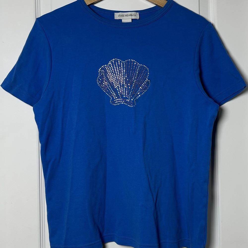 Cruise Wear & Co Blue Rhinestone Seashell Graphic T-Shirt Mermaidcore Style